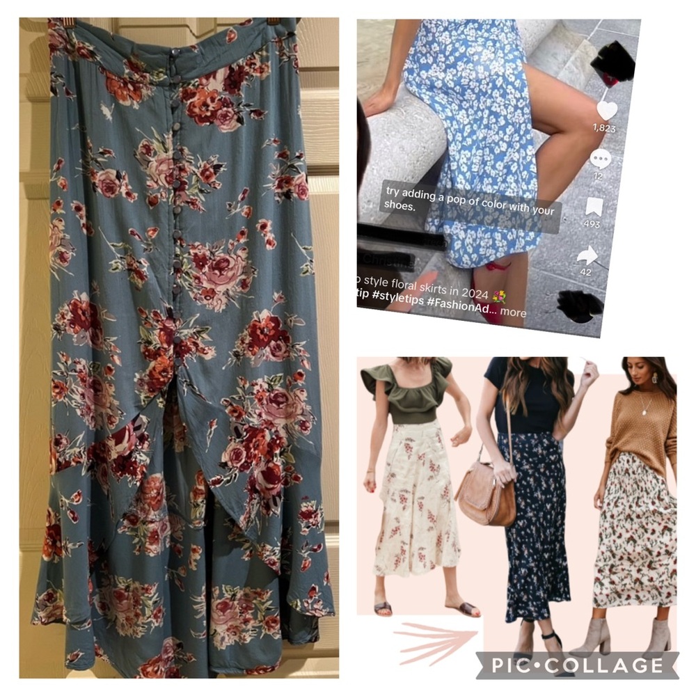 Angie asymmetrical flowy skirt. Floral with blue pattern. Size L.